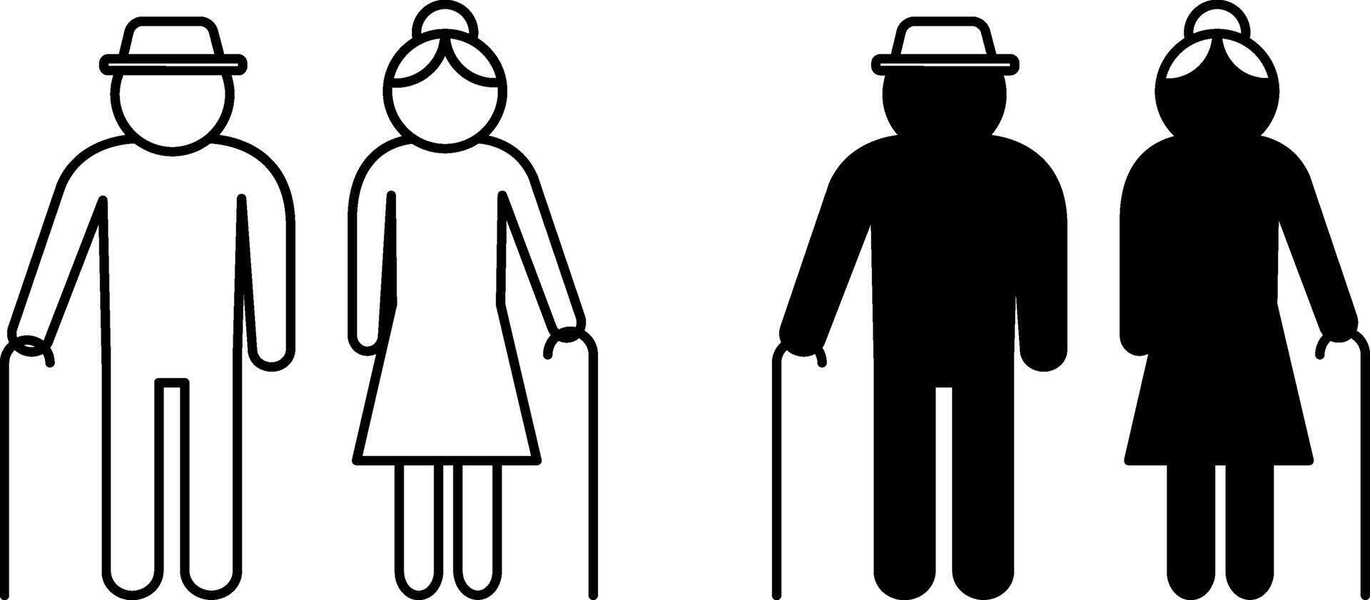 Seniors icons. Black and White Icons of Elderly People. Grandfather and Grandmother with a Cane vector