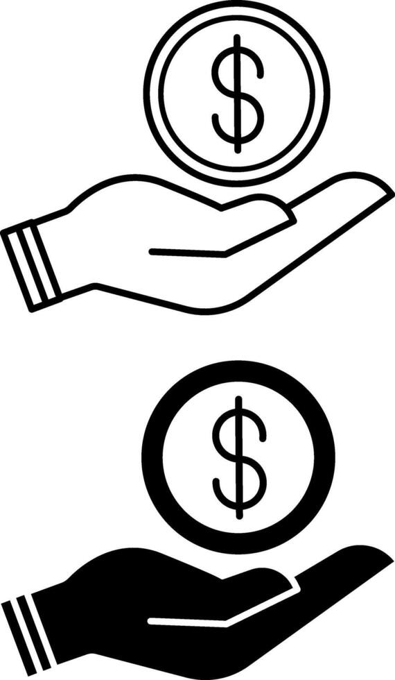 Finance icon. Black and White Icons. Dollar Coin in Human Hand. Business and Money Concept vector