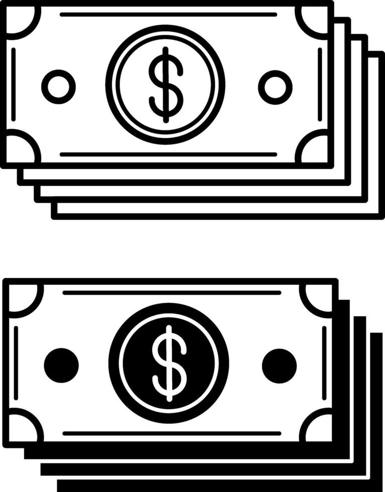Cash icons. Black and White Icons of Dollar Bills. Business and Finance Concept vector