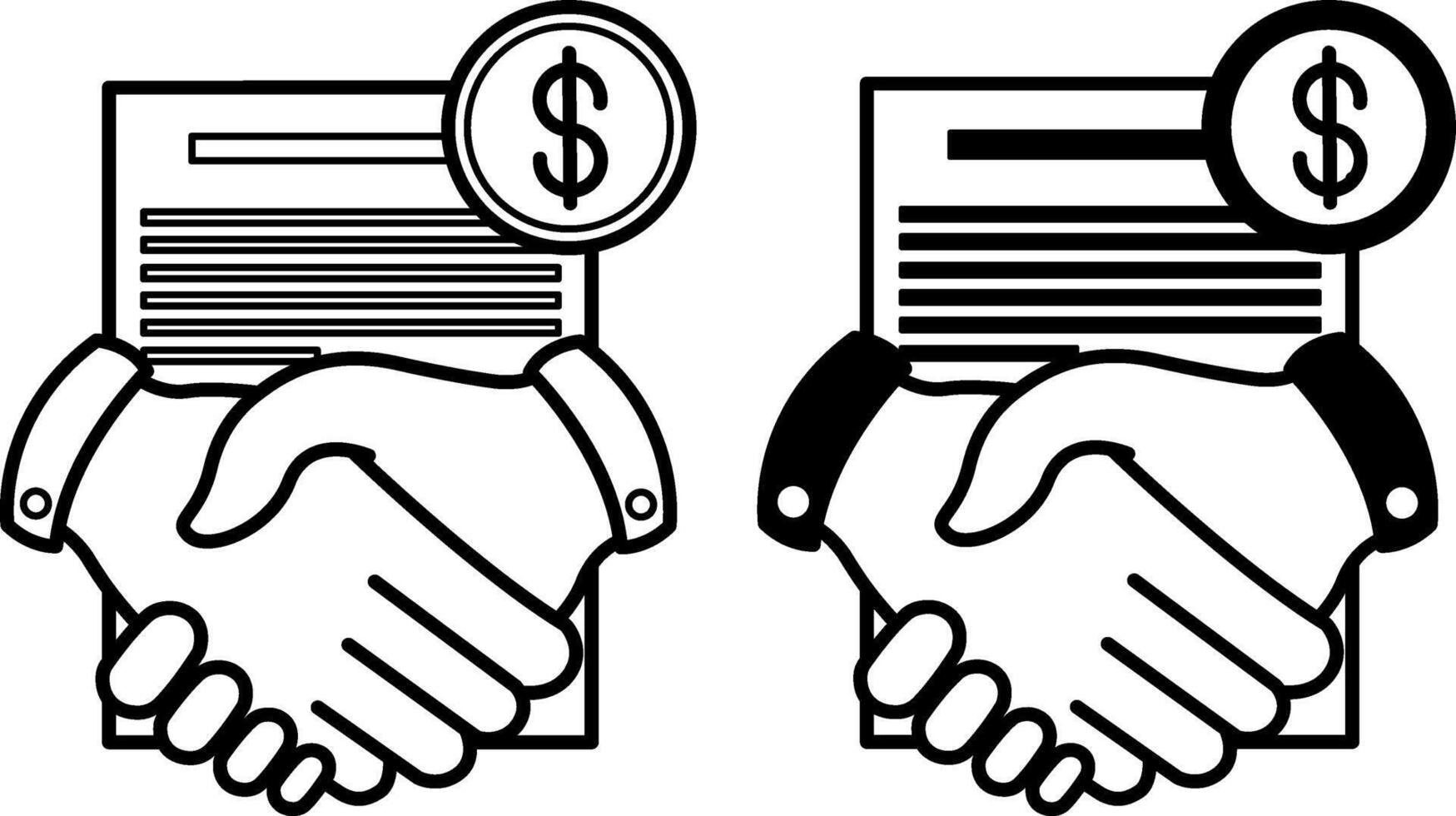 Financial Agreement icons. Black and White Icons of Handshake and Financial Document. Contract, Partnership, Deal. Business And Finance Concept vector