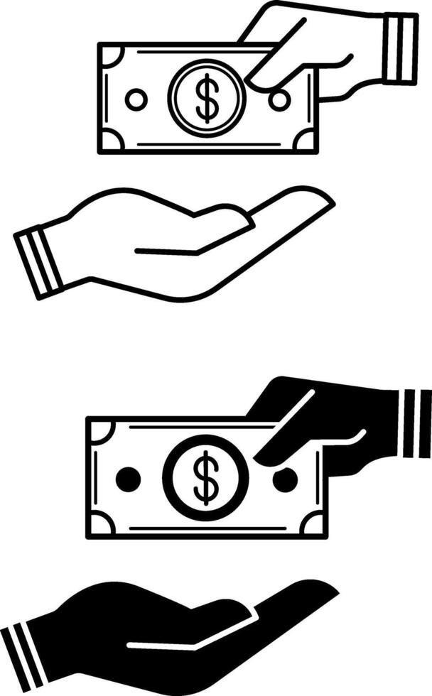 Loan icons. Black and White Icons. Human Hand Giving Dollar Bill to Another Hand. Instant Credit, Timely Payment. Business And Finance Concept vector
