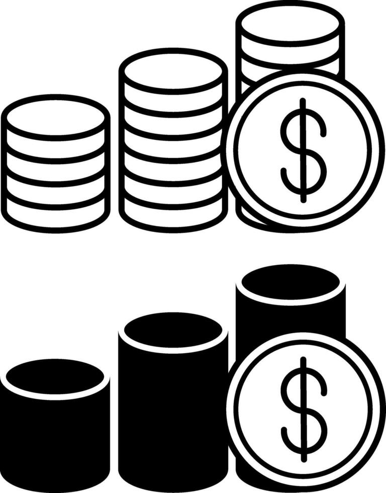 Coin icons. Black and White Icons of Three Stacks of Dollar Coins. Business and Finance Concept vector