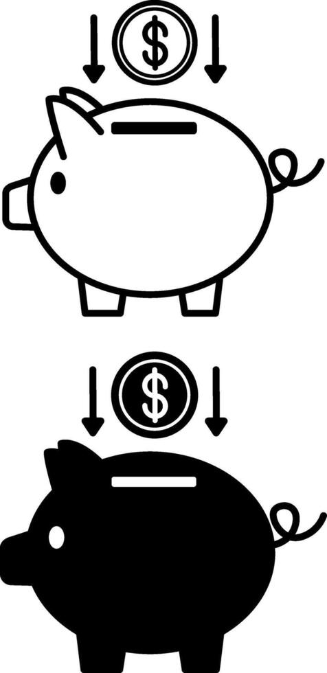 Piggy bank icons. Black and White Icons. Piggy Bank and Dollar Coins. Deposit and Savings. Business and Finance Concept vector