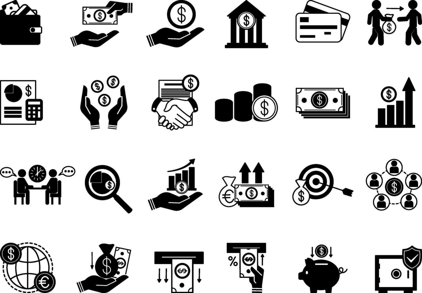 Black Set of Finance Icons. Icons of Money, Credit Cards, Lender, Increasing Income, Budget, Deposit, Withdrawing Money, Financial Monitoring, Bank, Mutual Fund, and Other vector