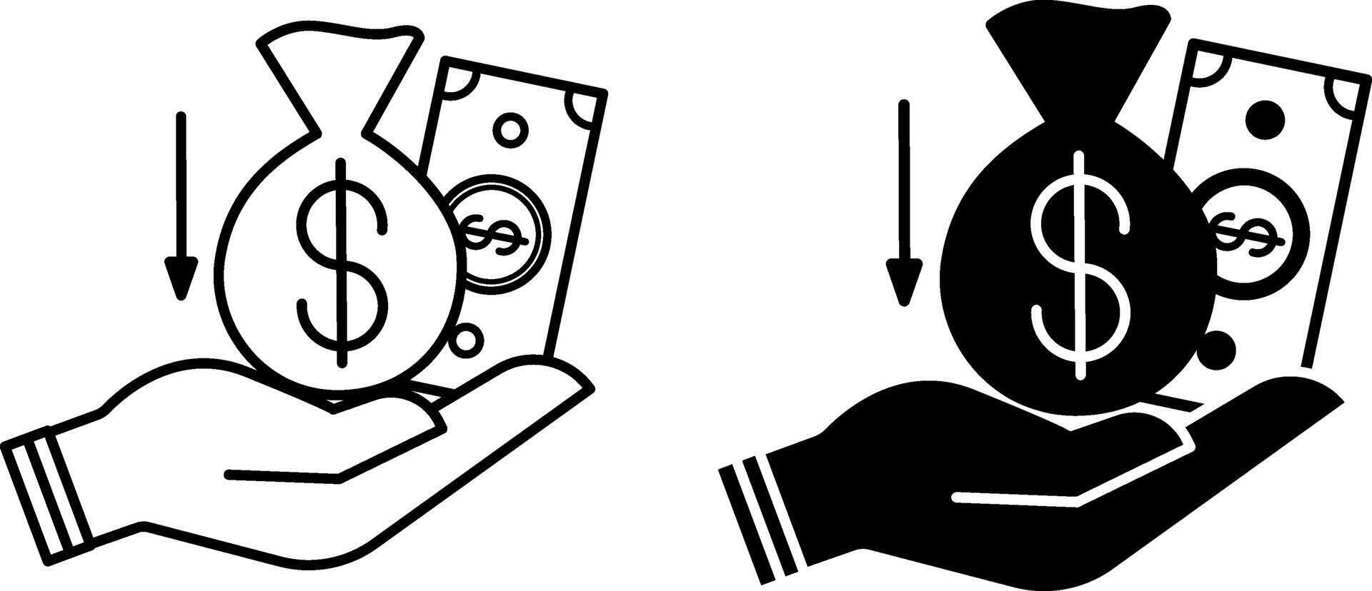 Earnings icons. Black and White Icons of a Human Hand, Money Bag, and Dollar Bill. Income and Dividends. Business and Finance Concept vector
