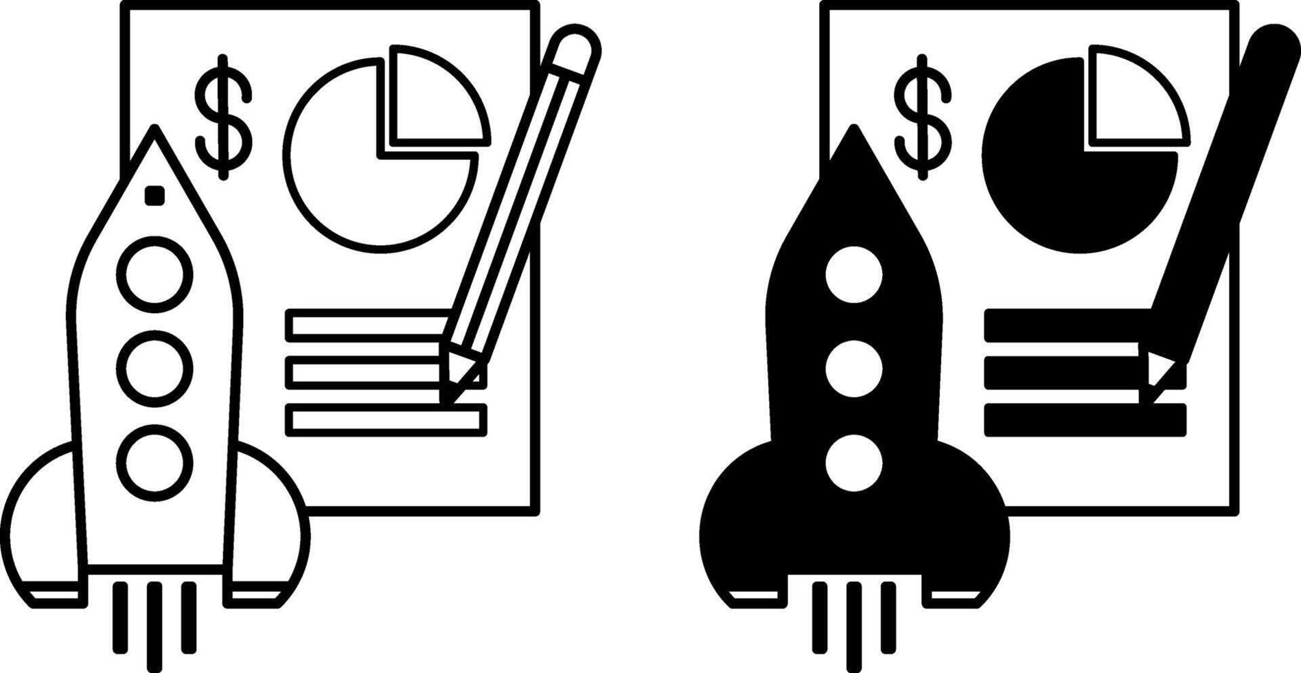Project Icons. Black and White Icons. Financial Document, Pencil and Rocket Taking Off. Business project. Business Management Concept vector