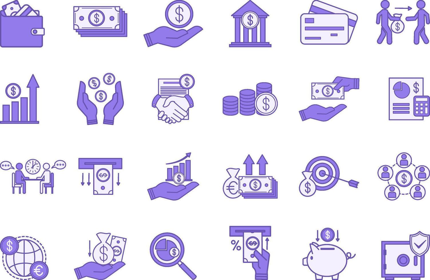 Colored Set of Finance Icons. Icons of Money, Credit Cards, Lender, Increasing Income, Budget, Deposit, Withdrawing Money, Financial Monitoring, Bank, Mutual Fund, and Other vector