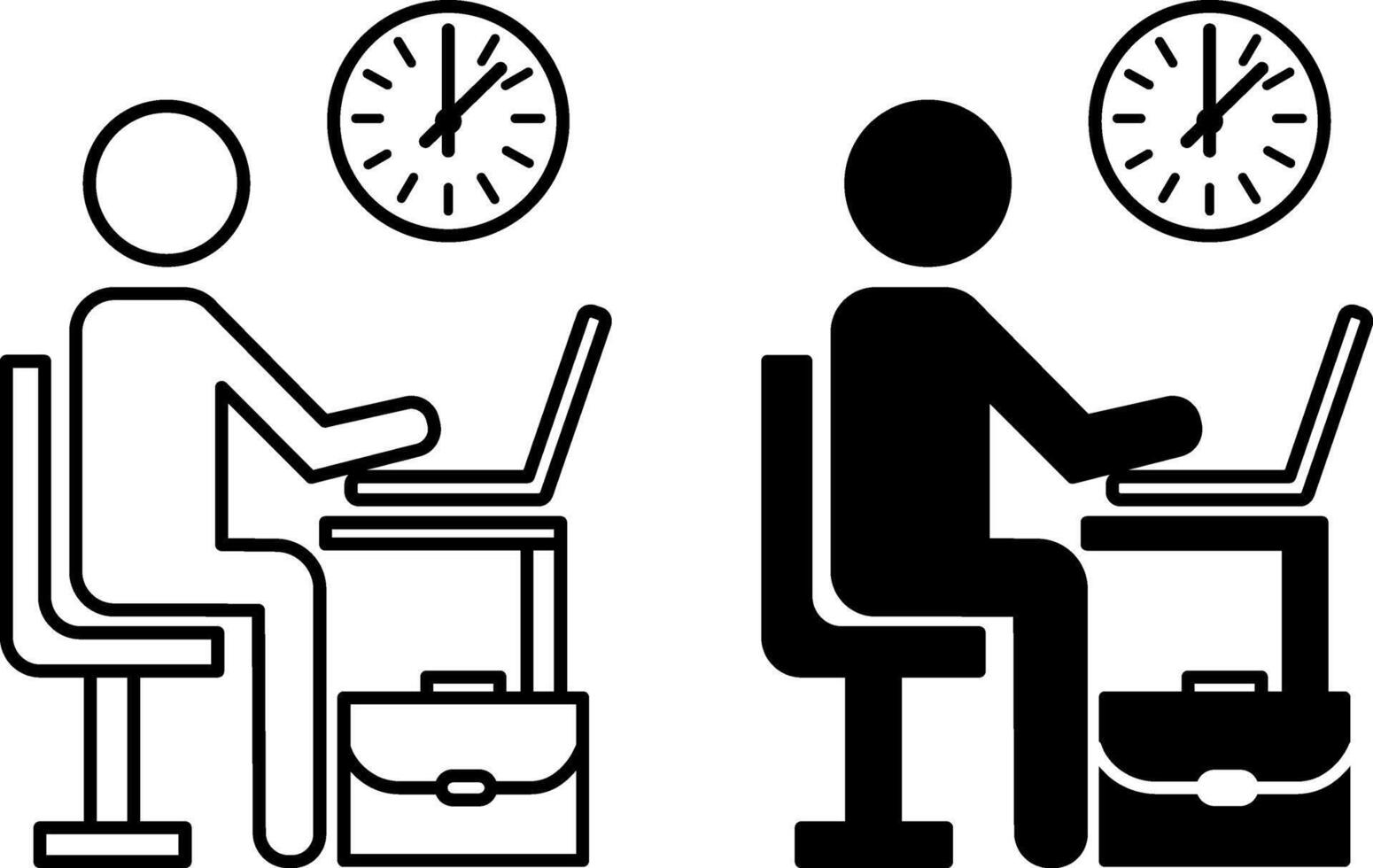 Employee icons. Black and White Icons. Man Working on Laptop. Work Briefcase and Watch. Human Resource Management Concept vector