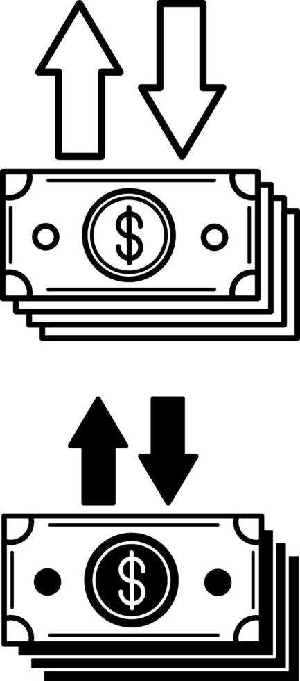 Profit and Loss icons. Black and White Icons. Stack of Money and Up and Down Arrows. Business and Finance. Accounting Concept vector