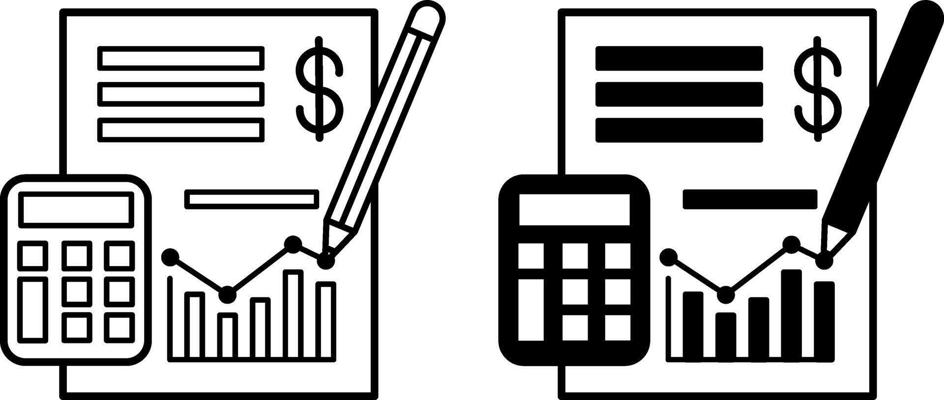 Accounting icons. Black and White Icons. Financial Document, Pencil, and Calculator. Business and Finance Concept vector
