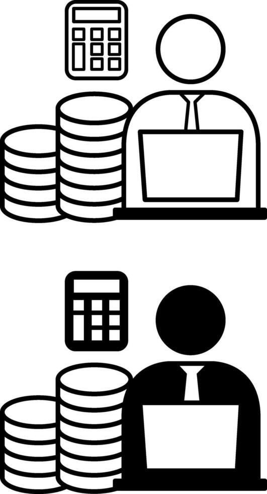 Accountant icons. Black and White Icons. Man with Laptop, Stack of Coins, and Calculator. Business and Finance. Accounting Concept vector
