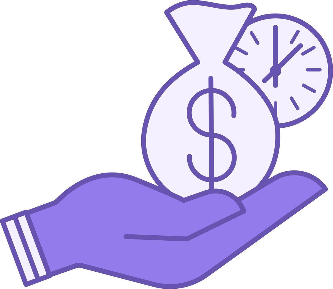 Colored Credit Icon. Icon of Bag with Money on Hand and Clock. Loan Payment, Fast Money, Instant Loan. Accounting Concept vector