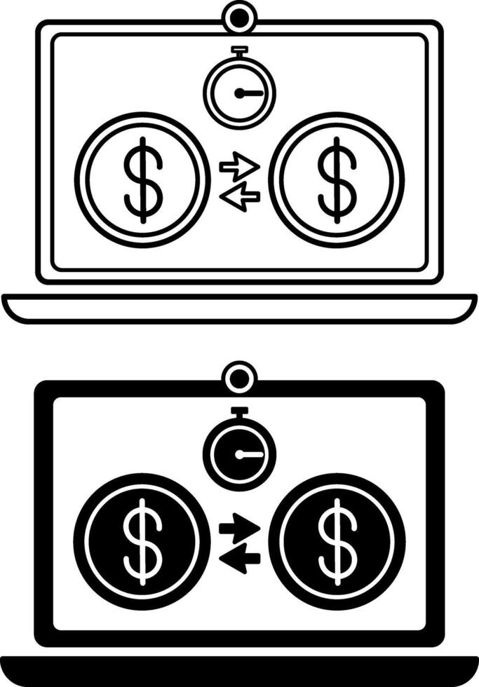 Financial Transaction Icons. Black and White Icons of Money Transaction, Laptop, and Stopwatch. Instant Money Transfer Online. Accounting Concept vector