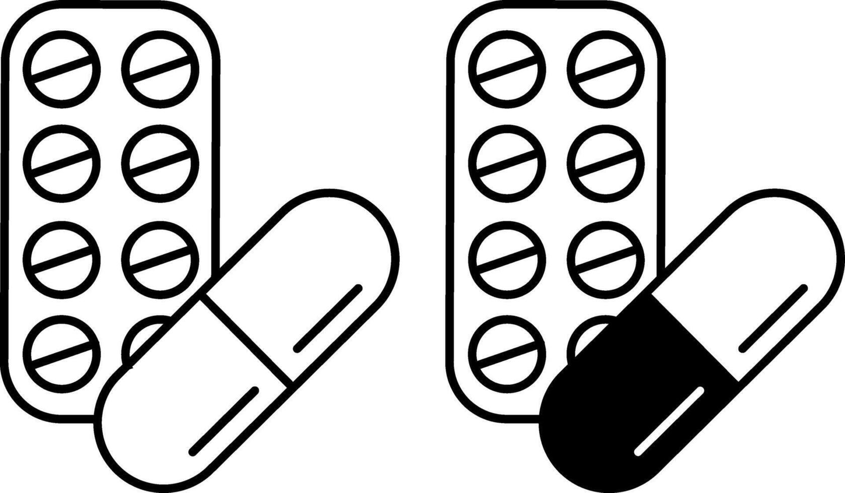 Medicine icons. Black and White Blister Icons with Pills and Capsule. Treatment with Medicines. Medicine Concept vector