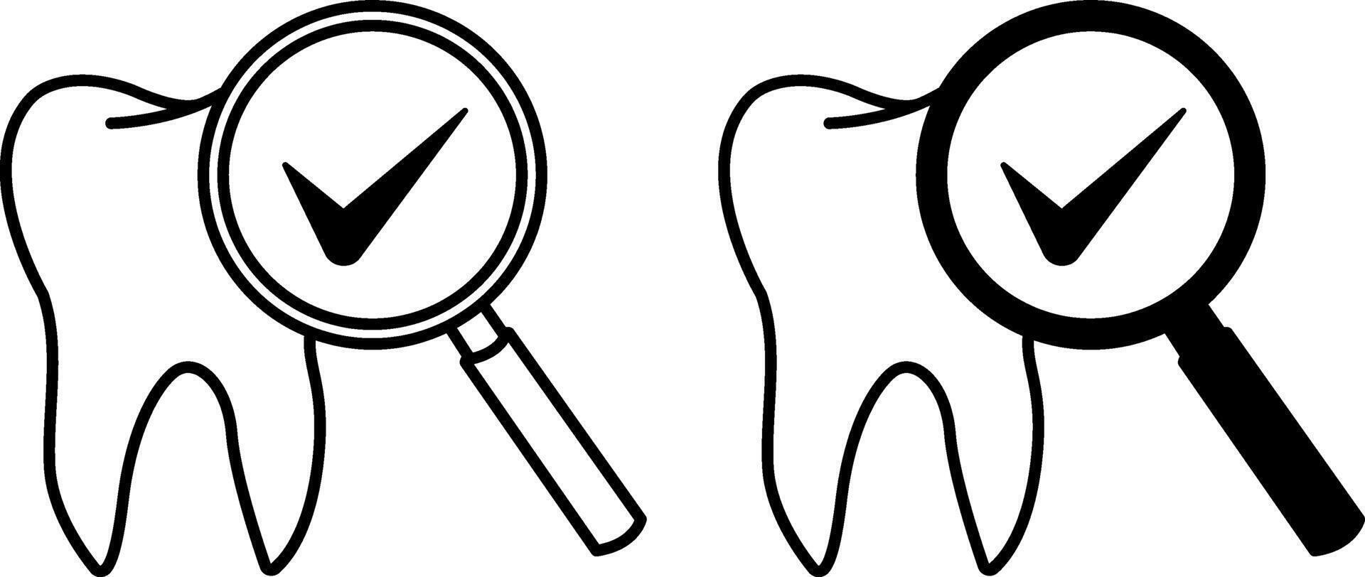 Dental Inspect Icons. Black and White Icons of Tooth and Magnifying Glass. Dental care and treatment. Medicine Concept vector