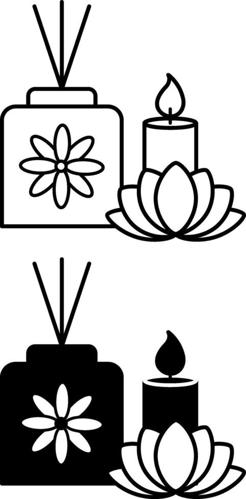 Aromatherapy icons. Black and White Icons. Scented Candle, Aromatherapy Stick, and Lotus Flower. Aroma Reed Diffuser. Spa Treatments and Relaxation. Mental Health. Wellness Concept vector