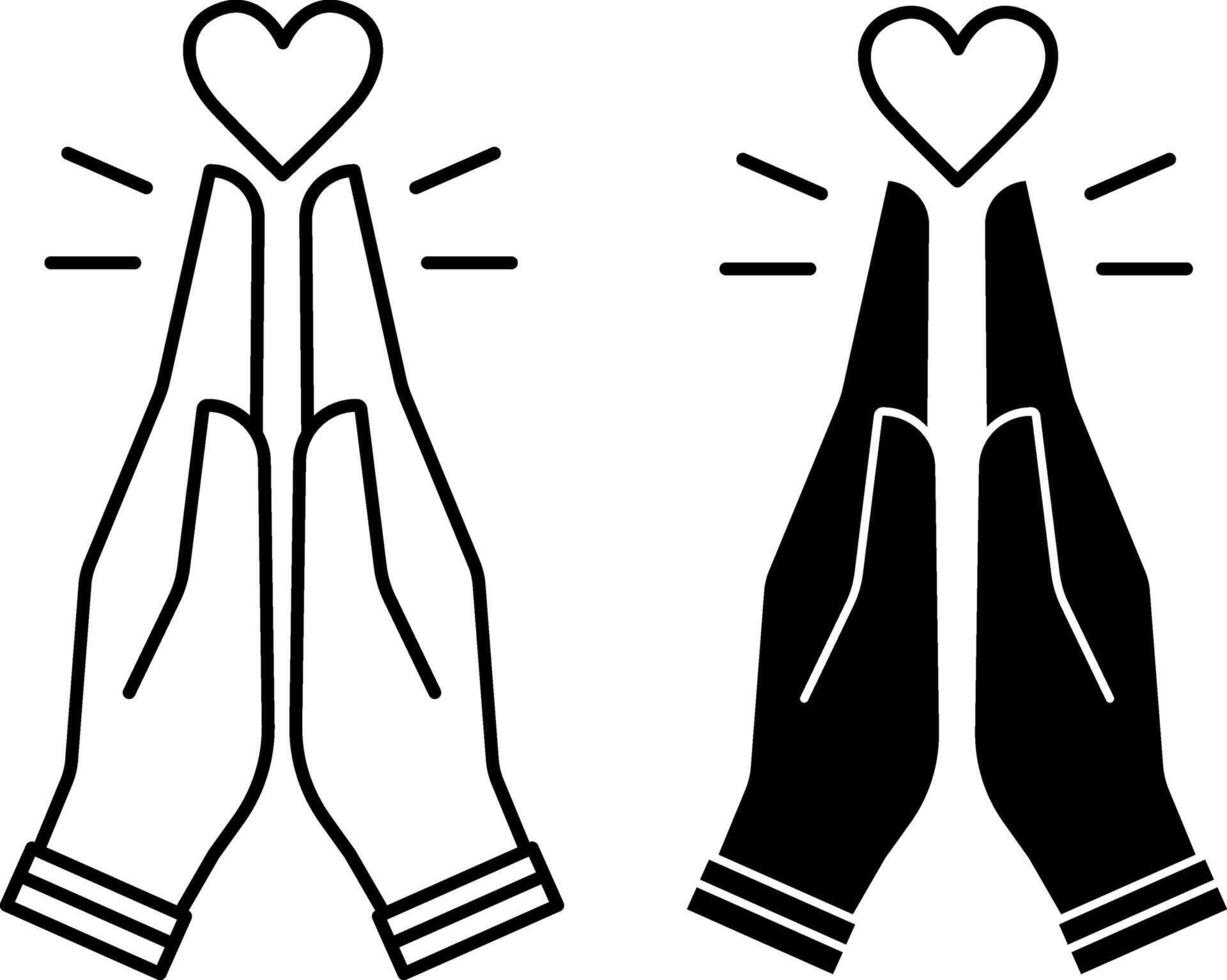 Gratitude icons. Black and White Icons of Heart and Palms Folded in Prayer. Namaste, Meditation, Yoga. Wellness Concept vector