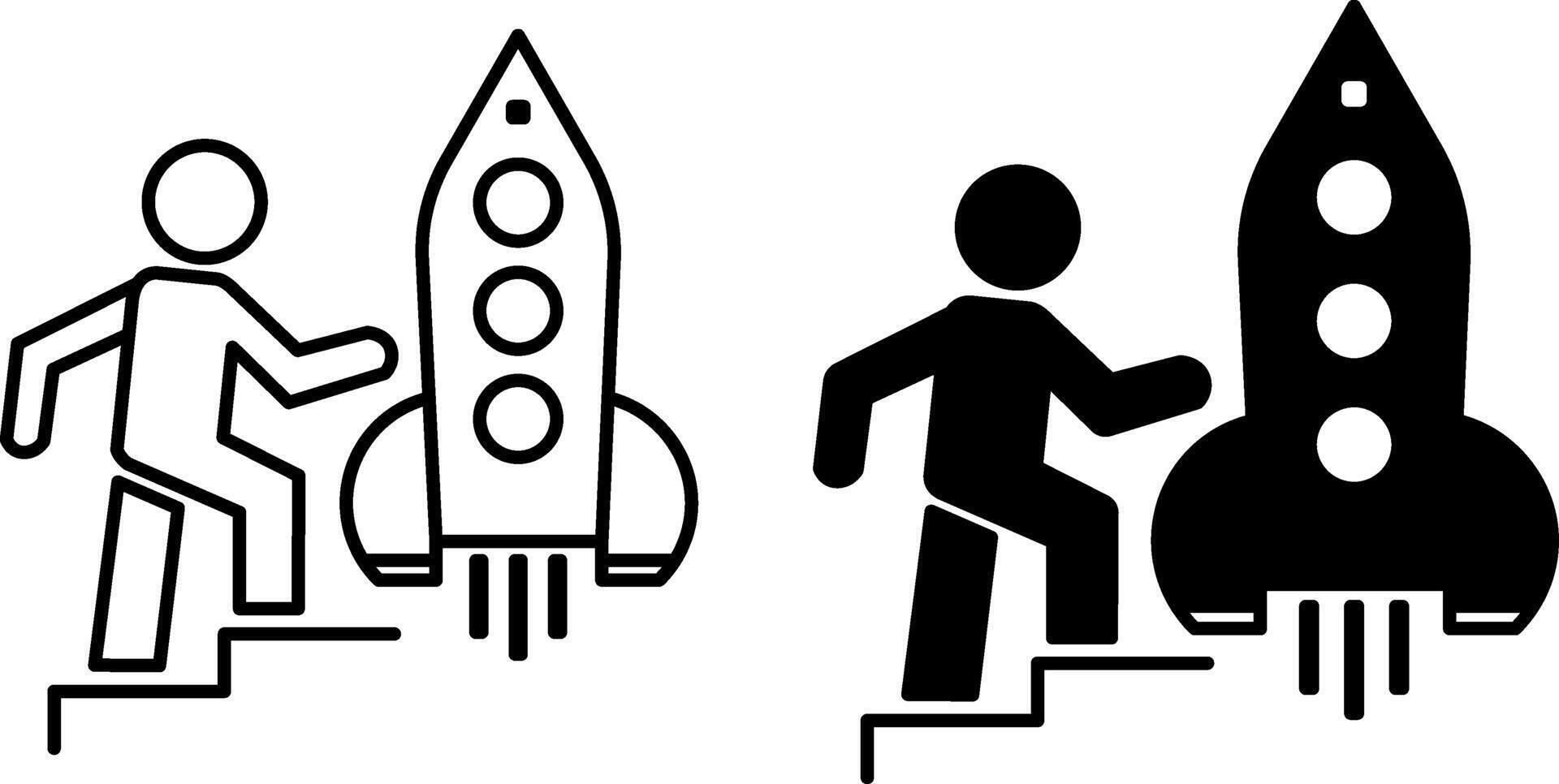 Personal Growth Icons. Black and White Icons. Man Walking Along the Stairs to the Rocket. Improving Lifestyle. Improvement, Motivation, Training. Wellness and Business Concept vector
