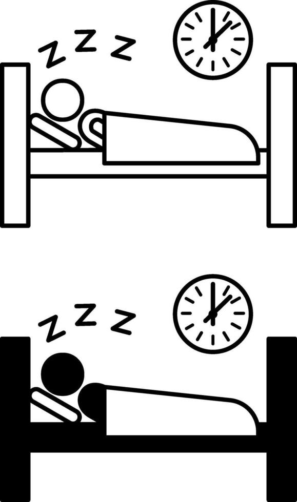 Getting Enough Sleep icons. Black and White Icons. Man Sleeping Soundly in Bed. Healthy sleep. Healthy lifestyle. Positive Thinking Concept vector