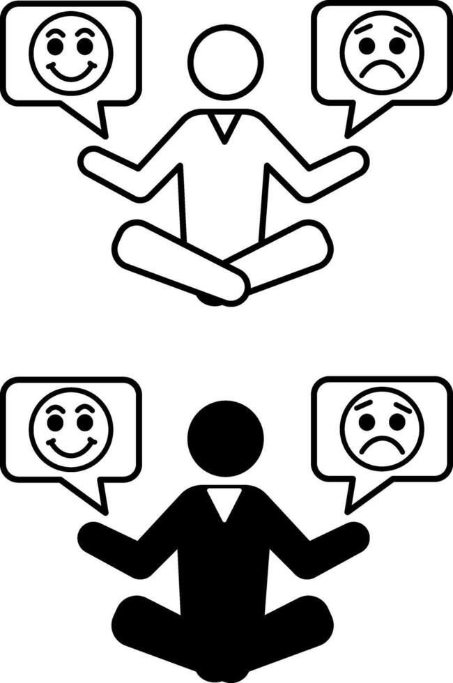 Icons Manage Your Emotions. Black and White Icons of Meditating Man. Happy and Sad Emotions. Overcome Anxiety and Worry. Positive Thinking Concept vector