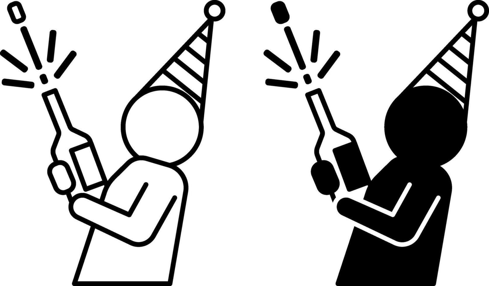 Celebrate icons. Black and White Icons. Cheerful Man in a Party Cap Opens Champagne. Party, Vacation. Positive Thinking Concept vector