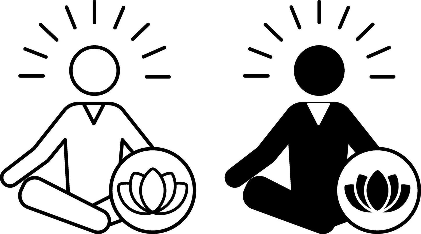 Calmness icons. Black and White Icons of Meditating Man. Yoga, Relaxation Exercise. Lotus flower. Mental Health. Positive Thinking Concept vector