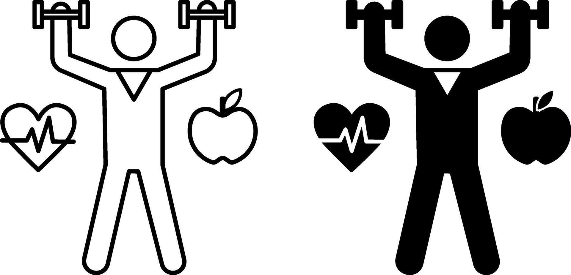 Healthy Lifestyle Icons. Black and White Icons. Man with Dumbbells, Heartbeat, and Apple. Concept of Sports, Mental Health, and Healthy Eating vector