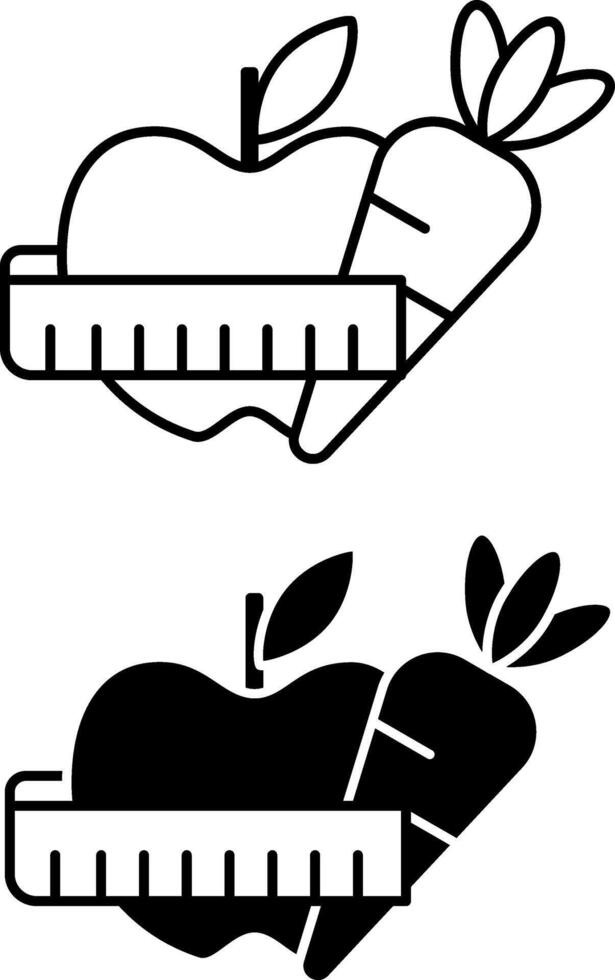 Diet icons. Black and White Icons. Apple, Carrot, and Waist Measuring Tape. Healthy Eating. Healthy Lifestyle Concept vector