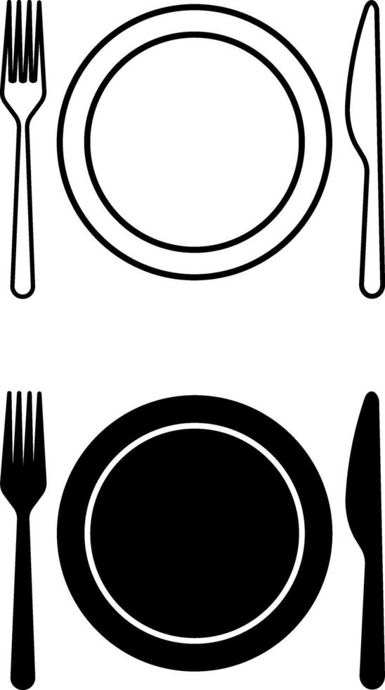 Restaurant icons. Black and White Icons of Plate, Fork, and Knife. Catering. Hotel and Vacation Concept vector