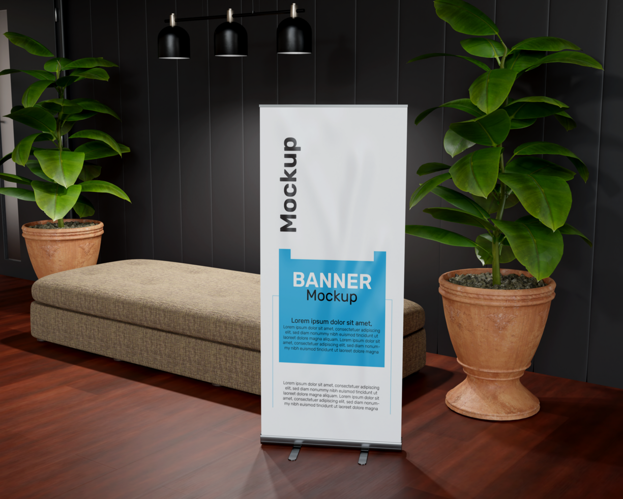 mockup of a roll up banner in the workspace psd