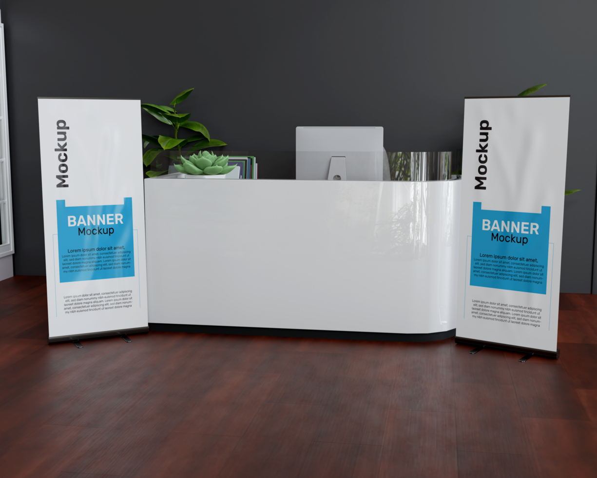 mockup of a roll up banner in the workspace psd