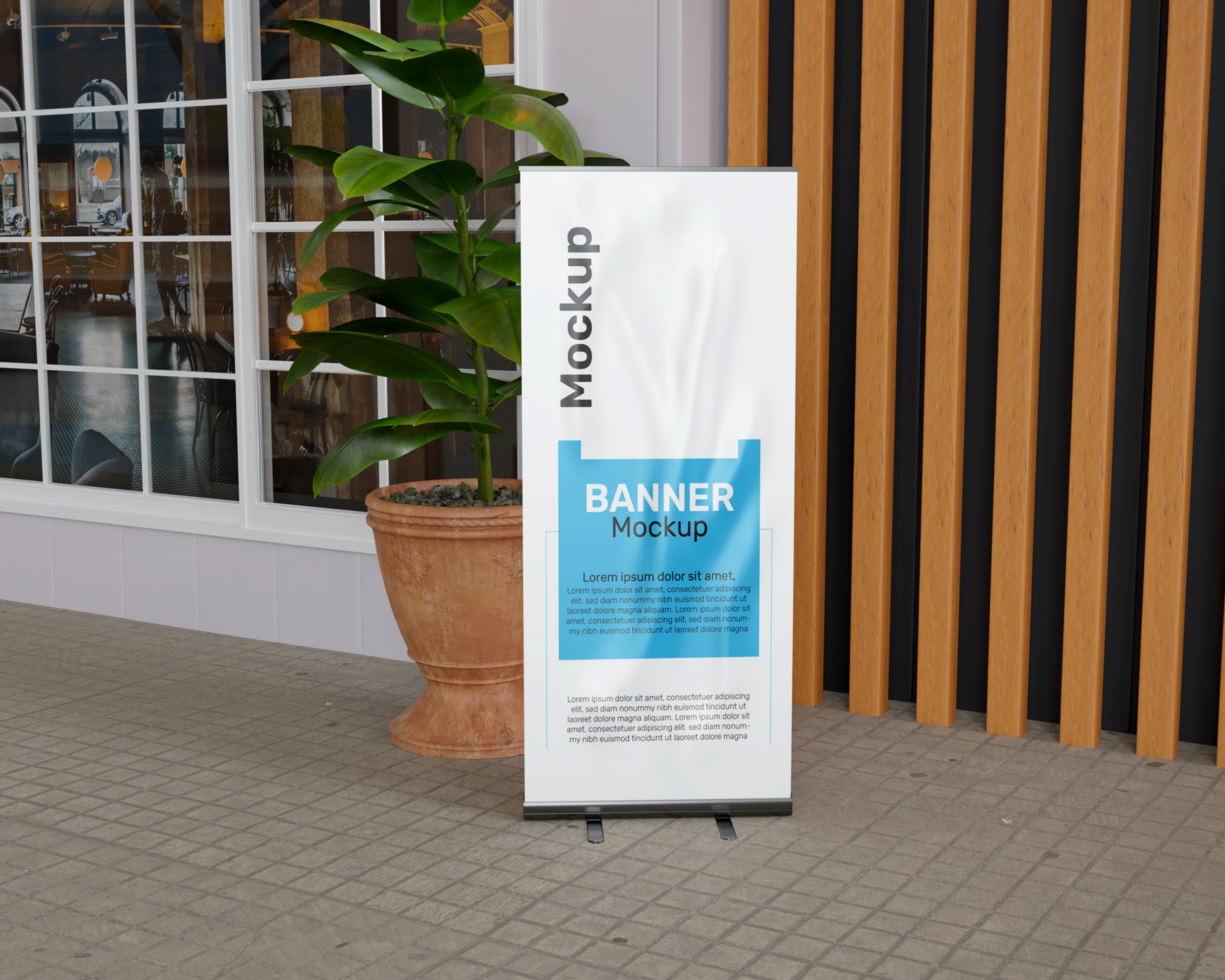 mockup of a roll up banner in the workspace psd