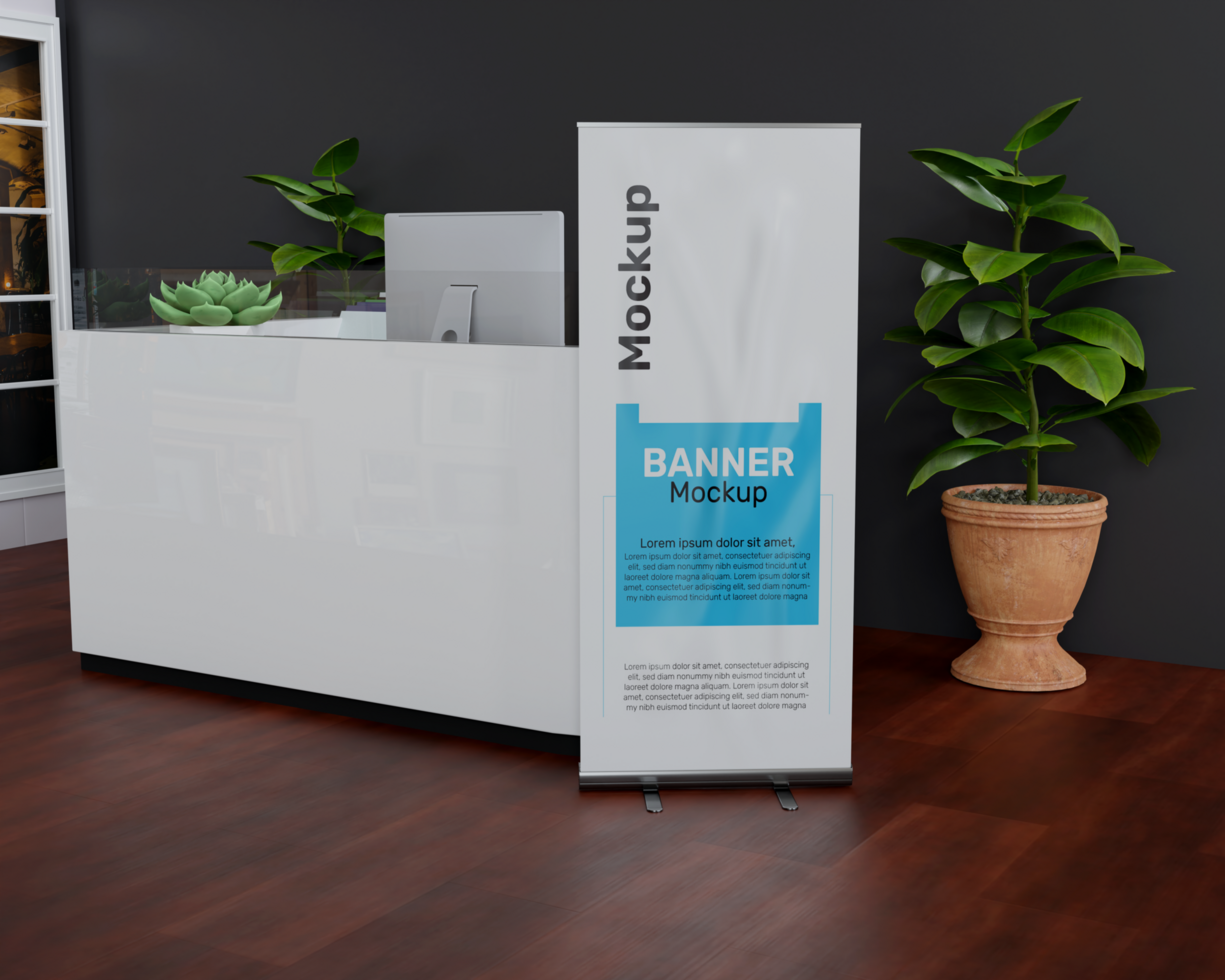 mockup of a roll up banner in the workspace psd