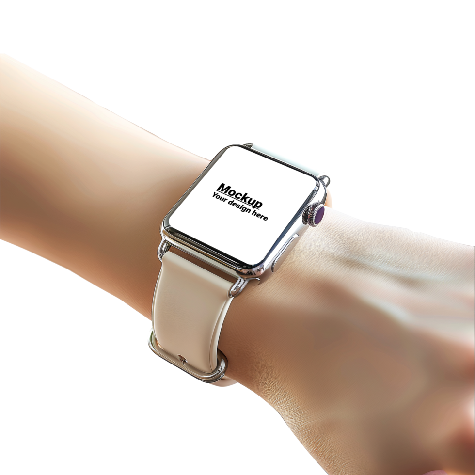 Mockup of a white smartwatch on a wrist no background psd