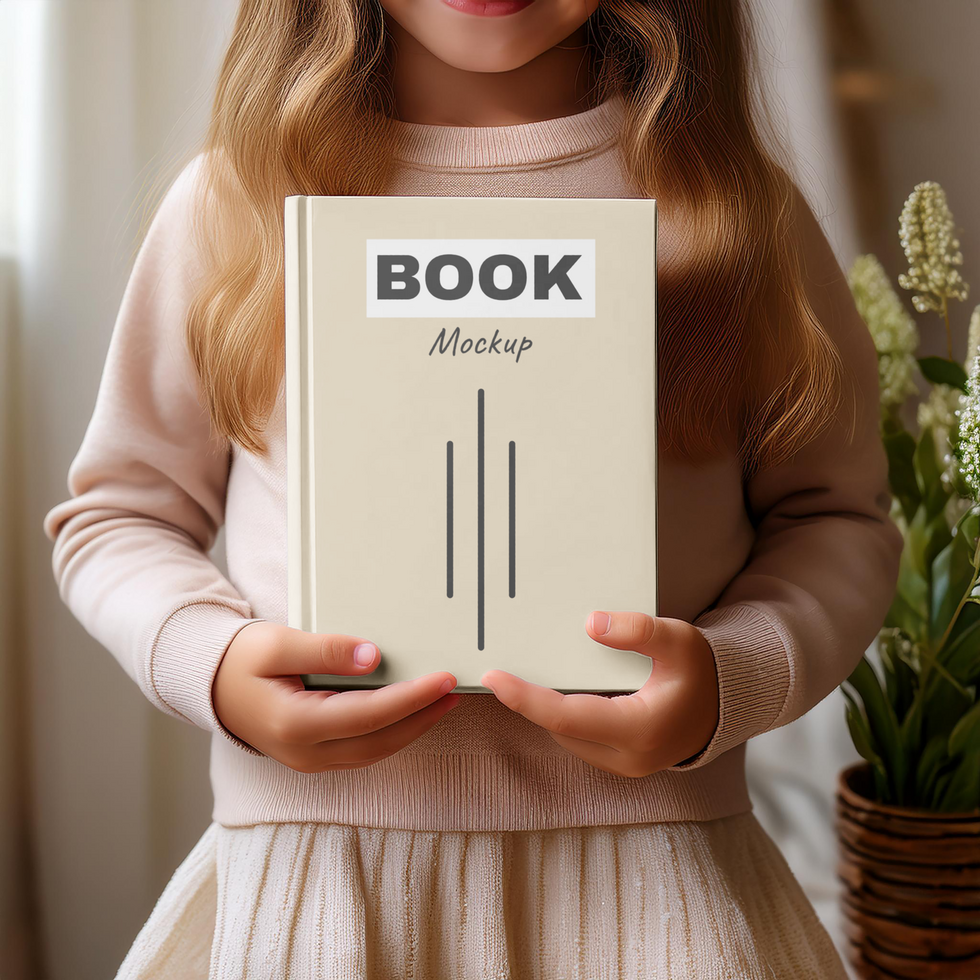 A little girl holding a book mockup psd