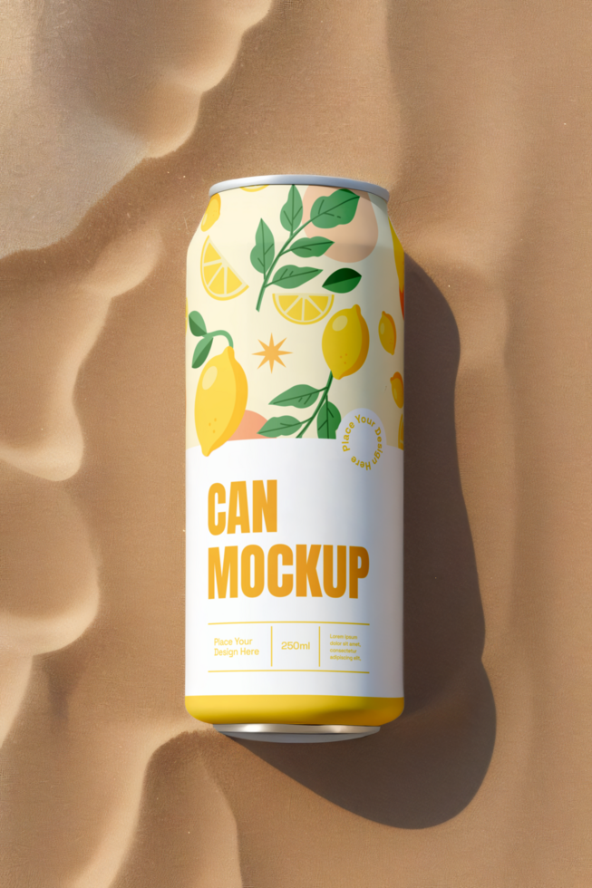 beverage cans with beach sand in the background psd