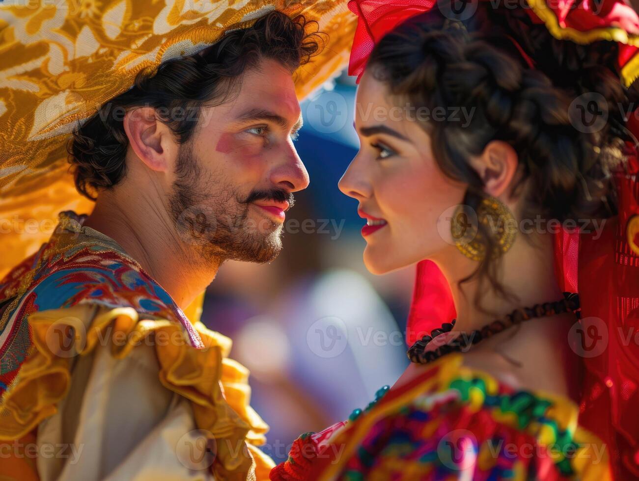 Couple dressed in traditional attire share a romantic moment at a vibrant cultural festival celebration in the morning light photo