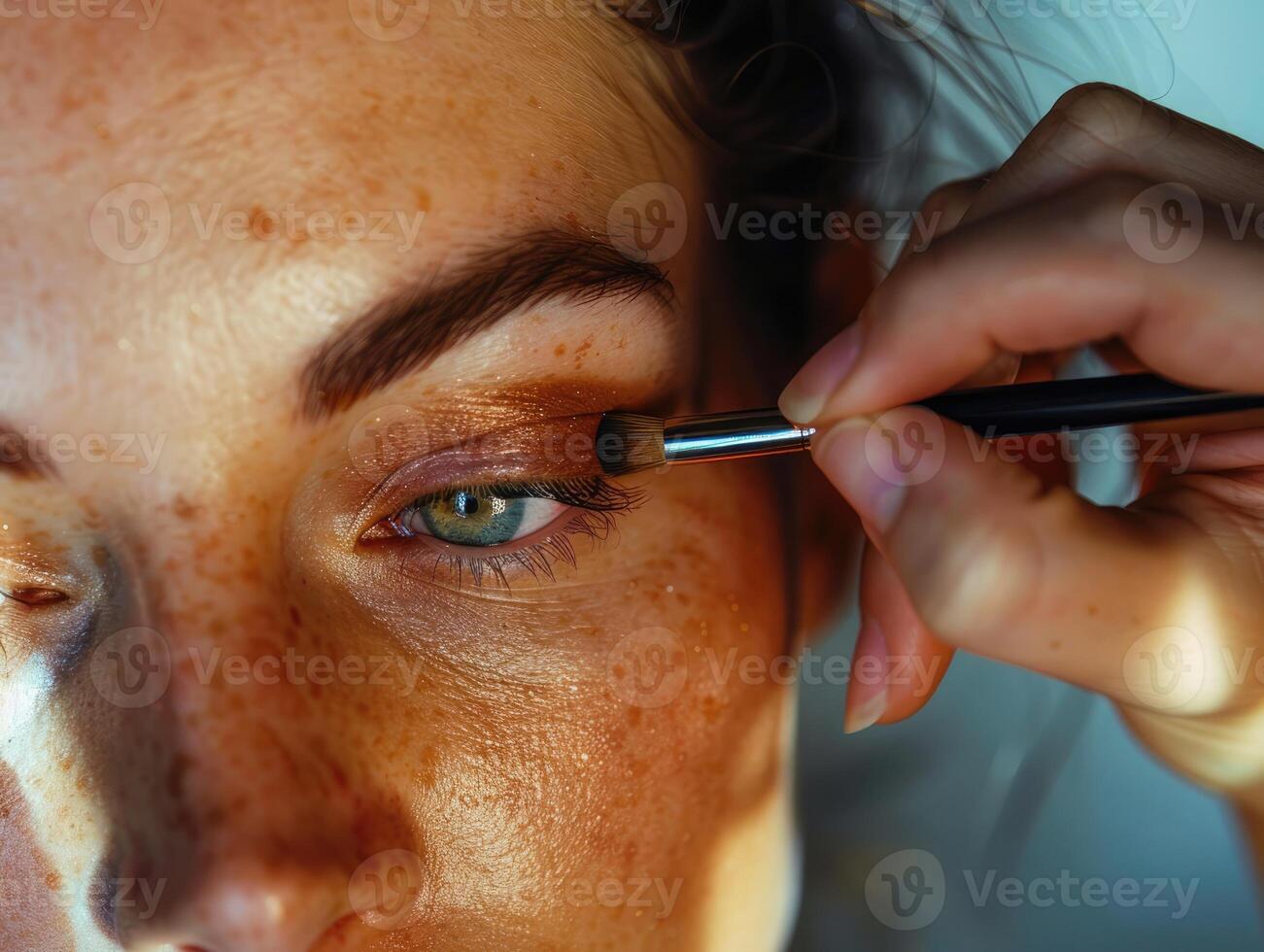 A close-up of a person applying makeup to enhance natural features in a bright setting photo