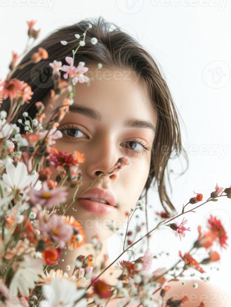 A young woman surrounded by colorful flowers, captured in soft light in a serene indoor setting photo
