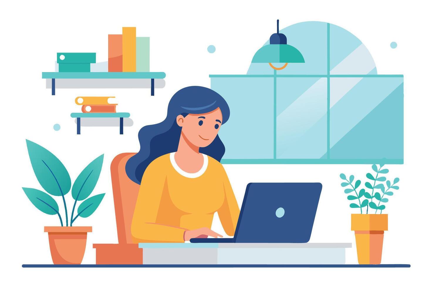 A woman working at her desk on a laptop with plants and shelves in a bright home office during the daytime vector