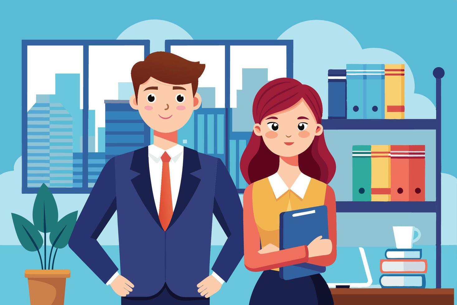 Two professionals standing confidently in a modern office environment with city views and bookshelves filled with colorful folders vector