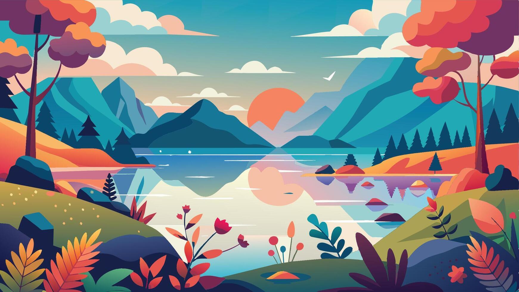 Colorful mountain landscape with a serene lake, vibrant trees, and a sunset in the background during a peaceful evening vector