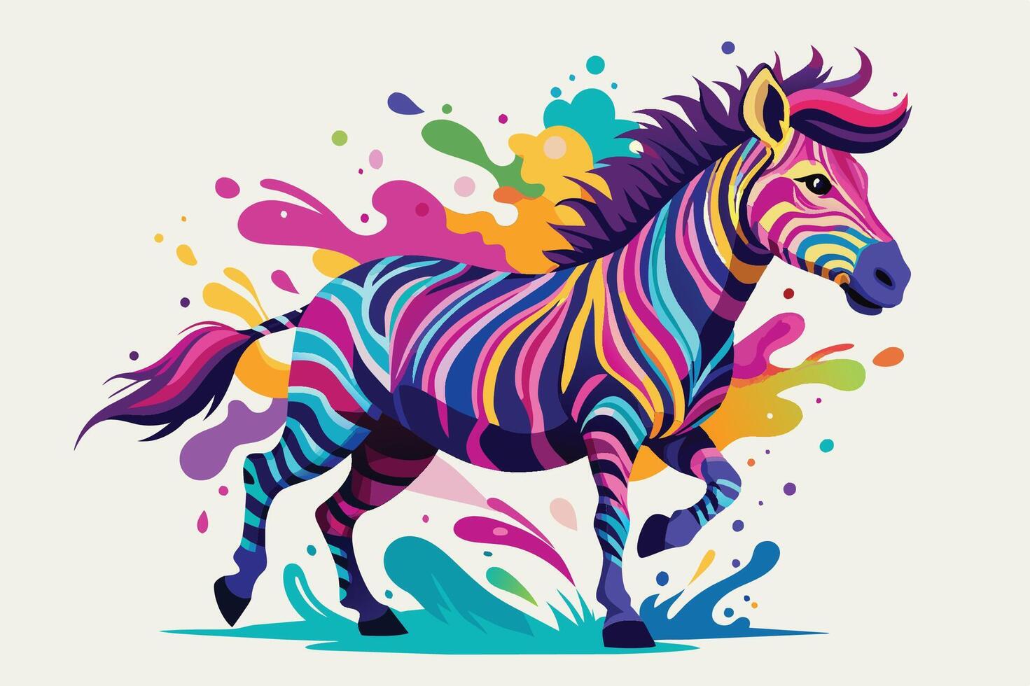 Colorful zebra gallops through splashes of paint in a vibrant artistic display full of energy and creativity vector