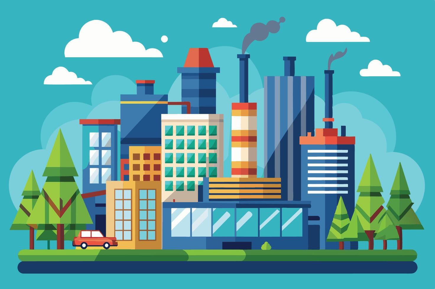 Colorful urban landscape with factories and greenery showcasing industrial activity in a city setting vector
