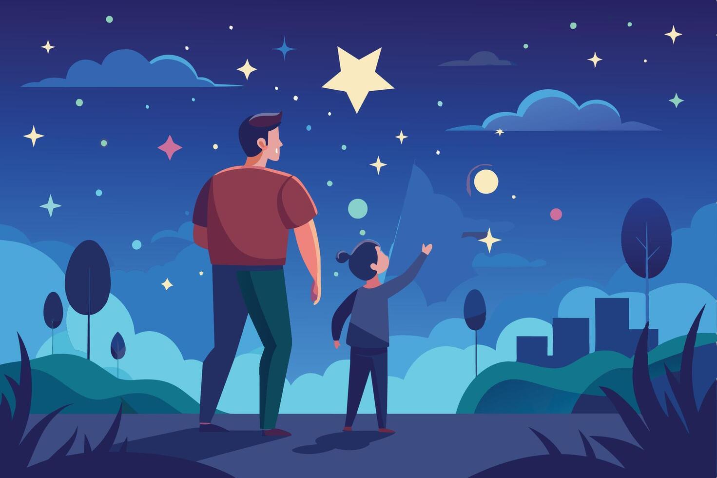 A father and child stargazing together in a serene night sky filled with stars and clouds in a peaceful natural setting vector