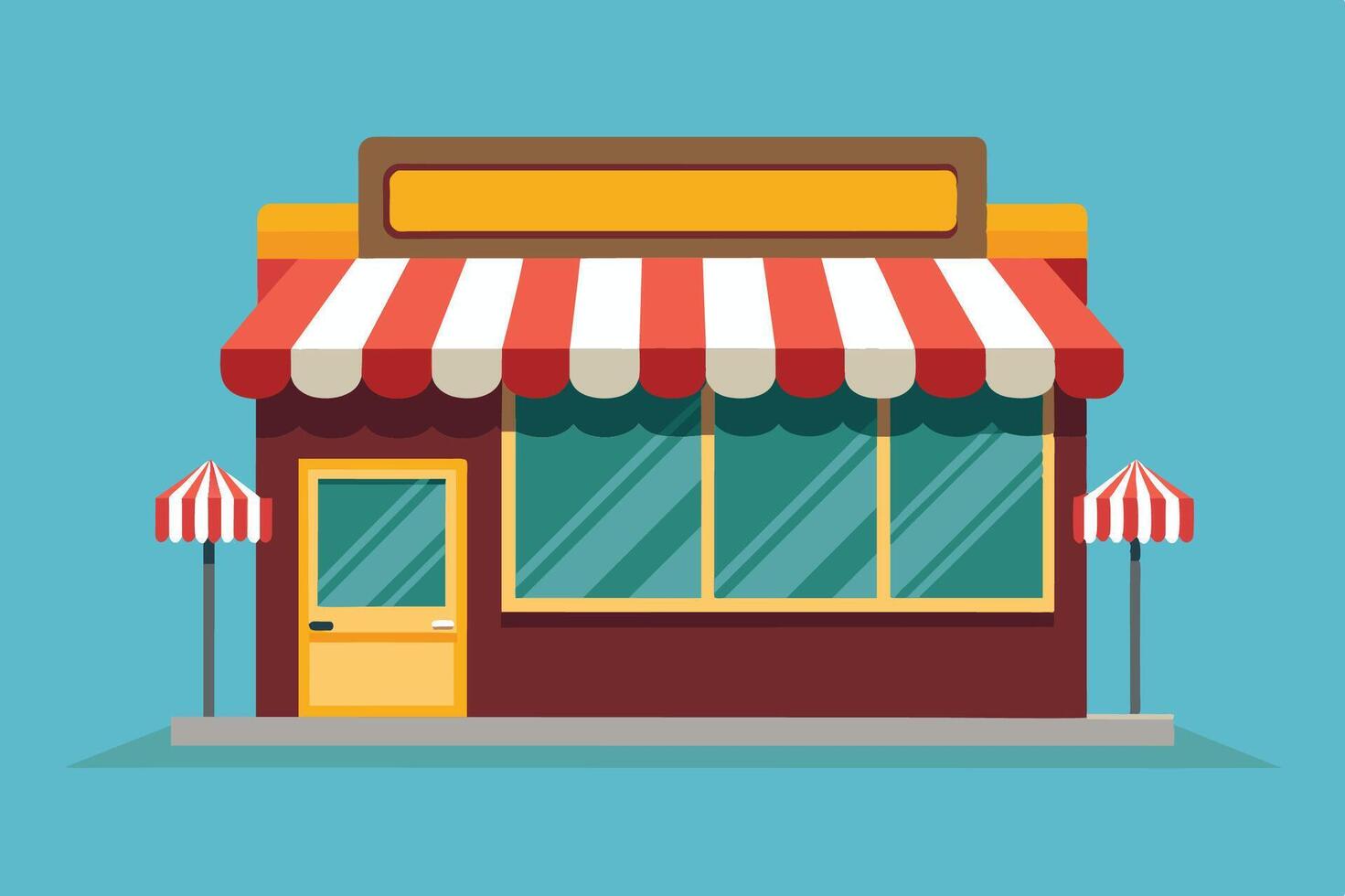 Colorful storefront with striped awning and decorative poles, depicting a cheerful shop front during a sunny day vector