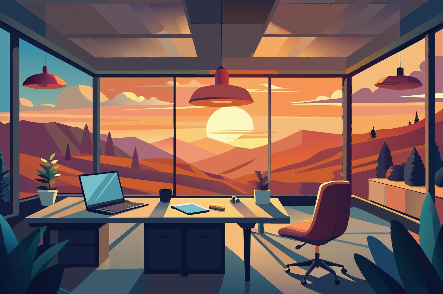Modern office with large windows showcasing a stunning sunset over mountains, creating a tranquil workspace in the evening vector