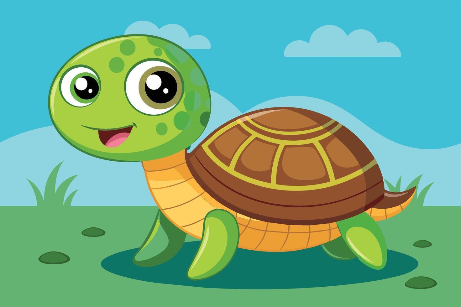 A cheerful cartoon turtle walks happily across the green grass under a bright blue sky with gentle hills in the background vector