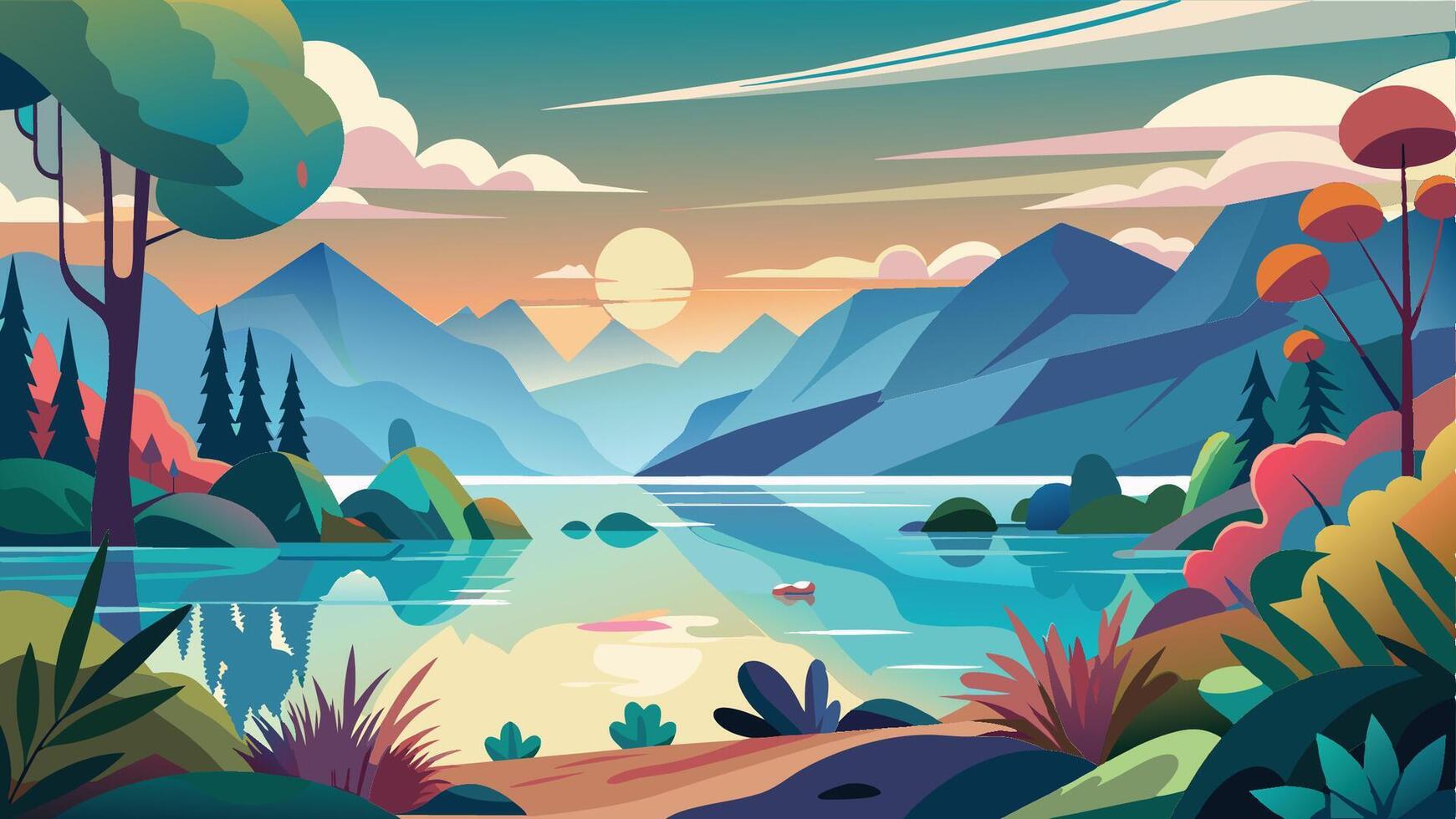Colorful sunset over a tranquil lake surrounded by mountains and lush greenery in a serene landscape vector