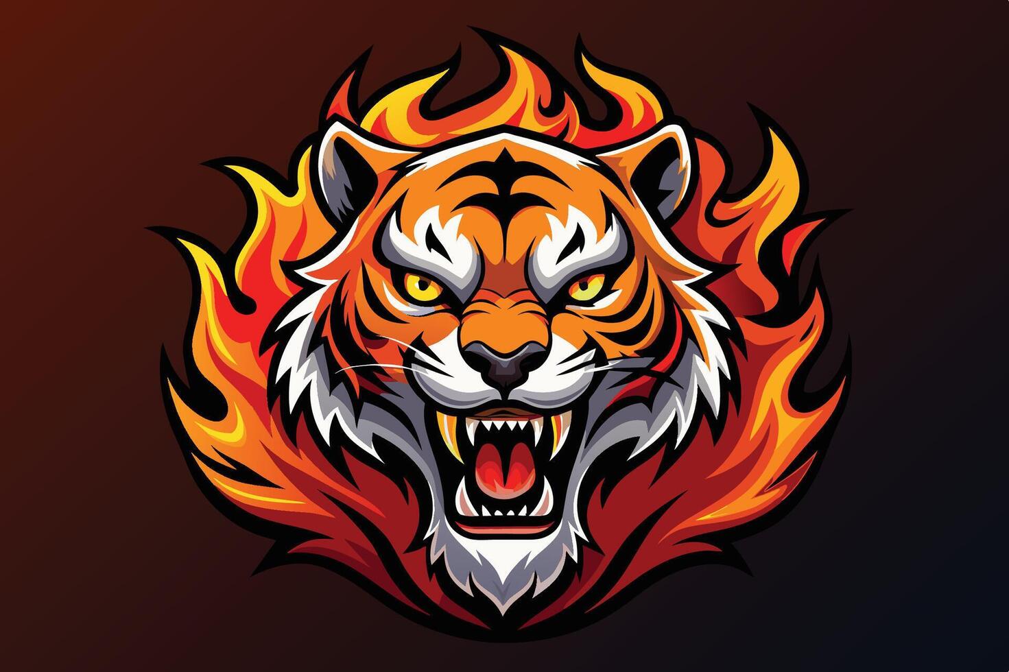 Fierce tiger head surrounded by flames showcasing its intense gaze and powerful demeanor in a bold, artistic design vector